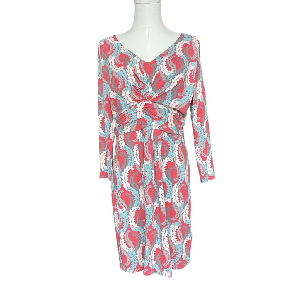 Boden Womens Coral Floral Jersey V-Neck Dress 10 Casual‎ Long Sleeve Faux Wrap